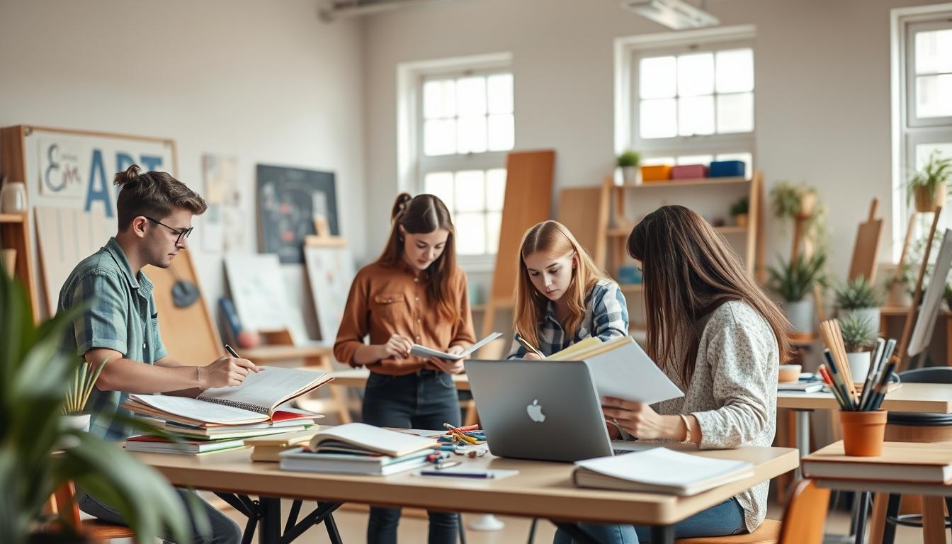Students studying together in modern classroom